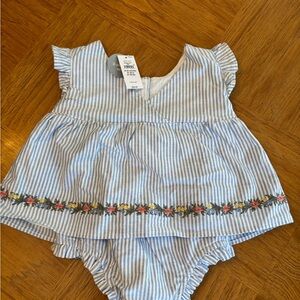 GAP Blue and White Striped Baby Set with Floral Trim